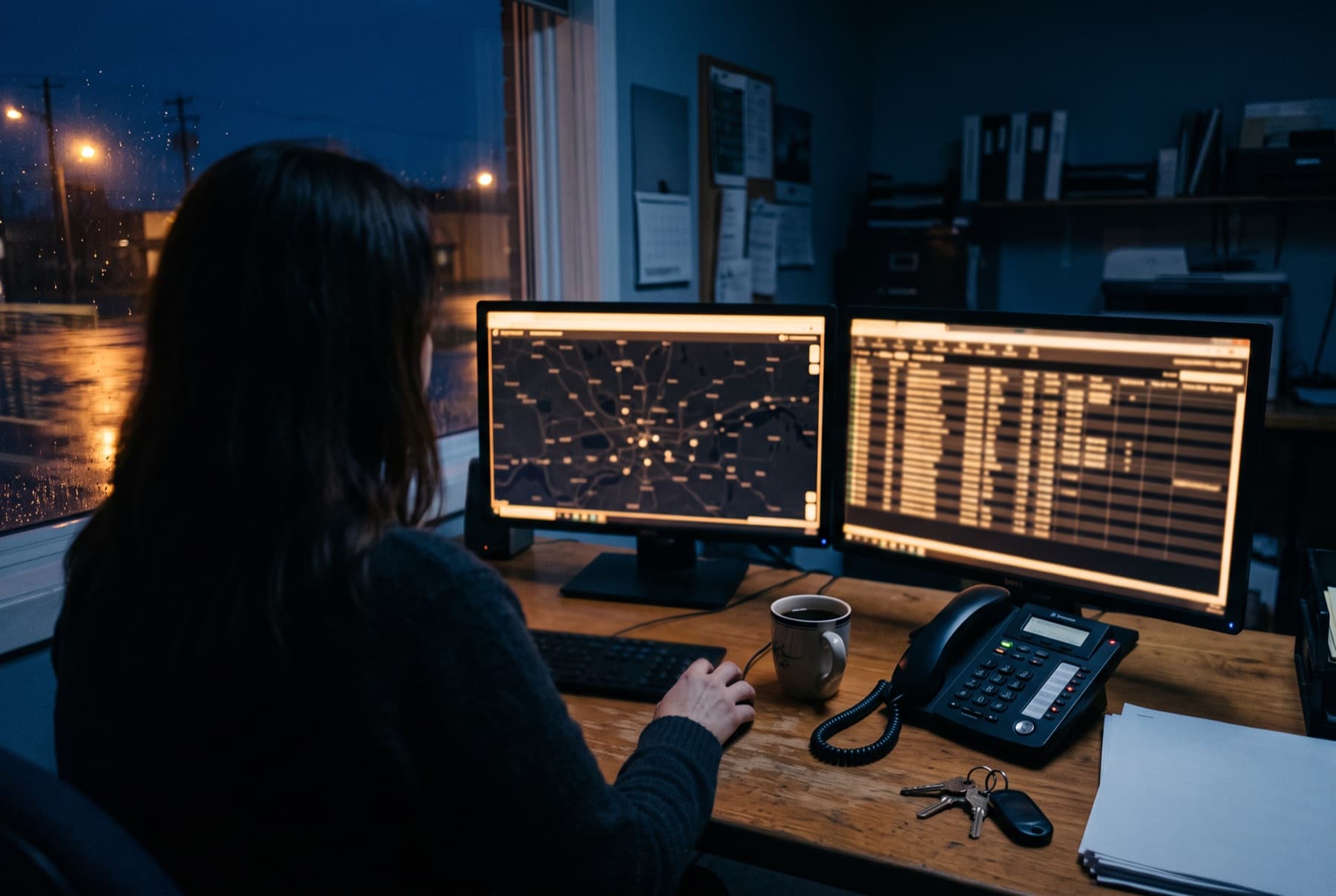 A dispatcher working at a two-screen desk at night, one screen showing a map and one a schedule.