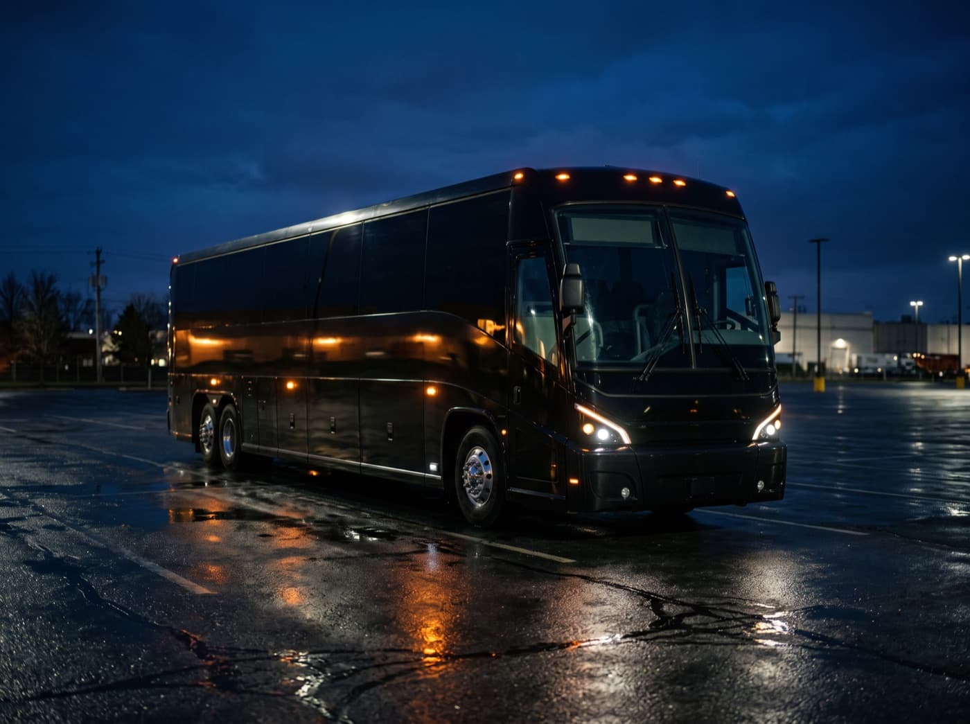 A black motorcoach parked in an open lot at night.