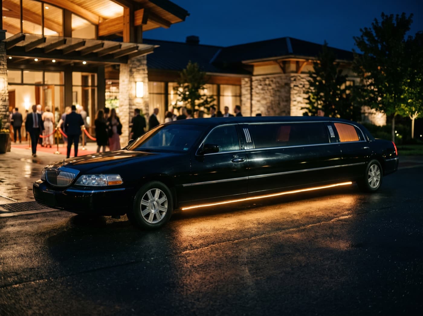 A black stretch limousine waiting outside a lit event venue at night.