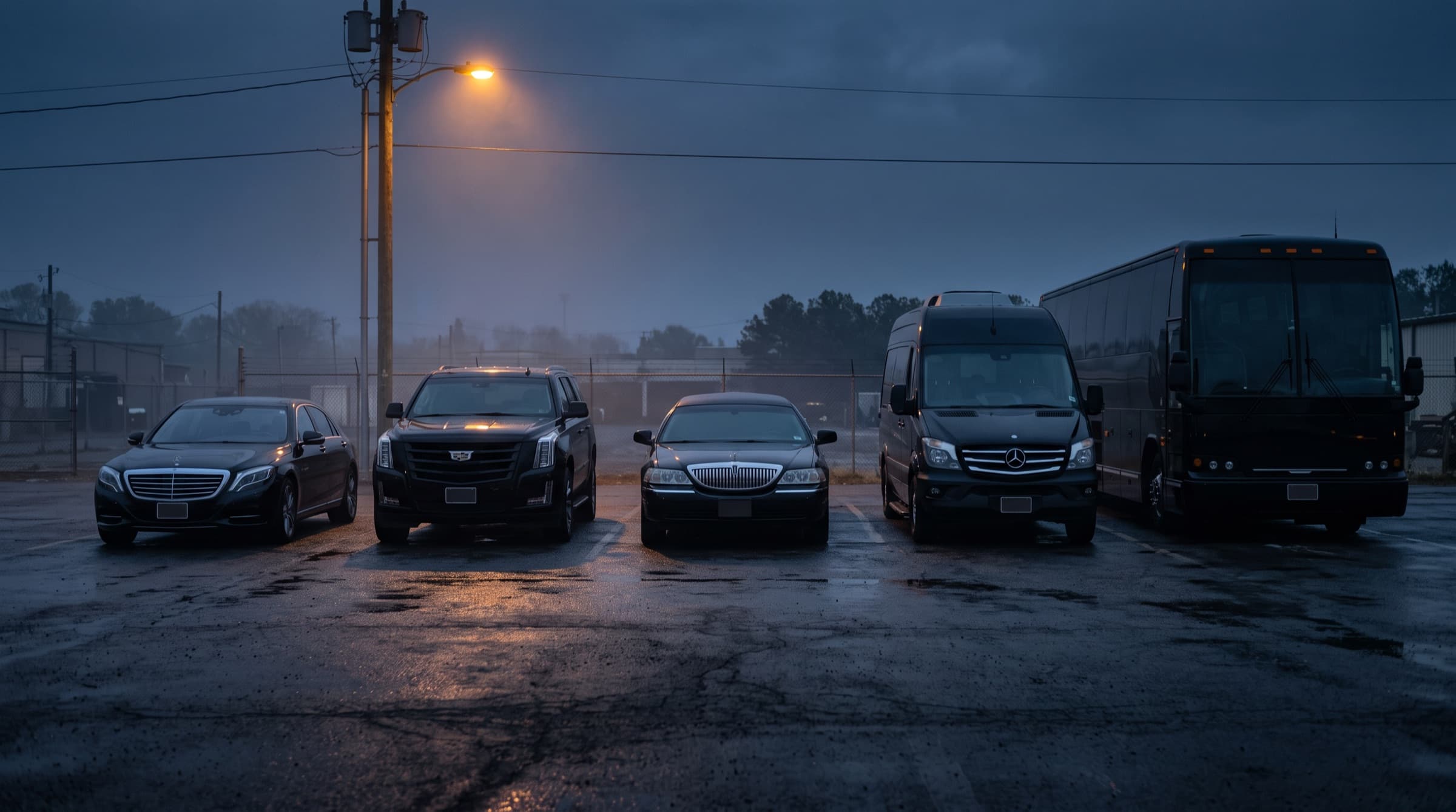 Five black chauffeur vehicles — sedan, SUV, stretch limousine, van and motorcoach — lined up in a wet depot at dawn.