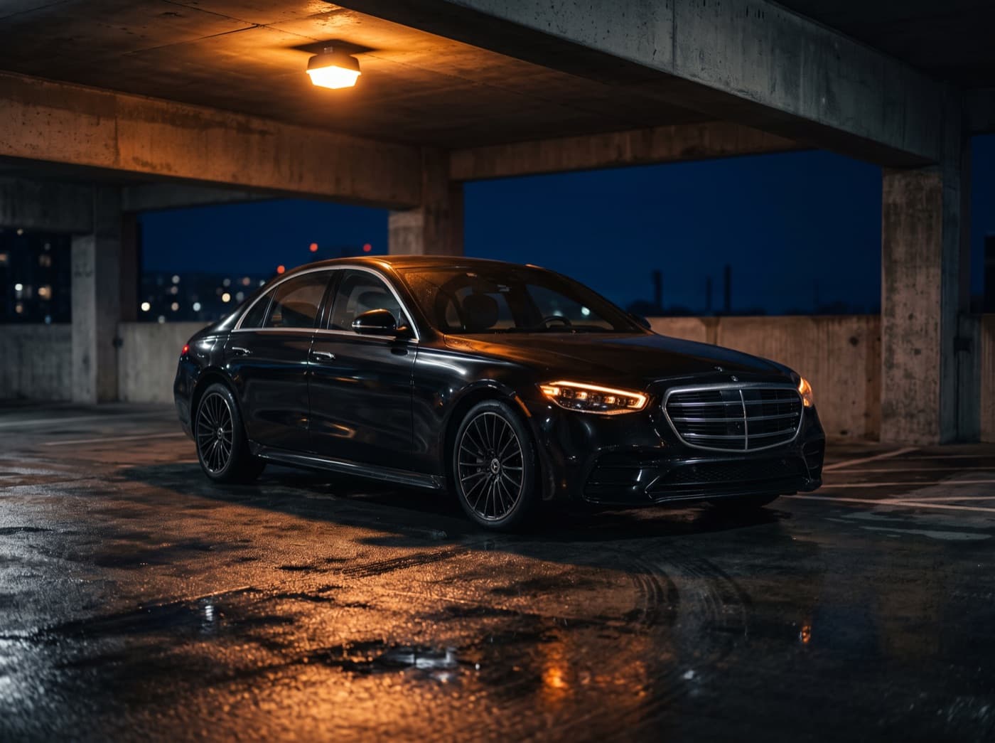 A black executive sedan parked in a concrete garage at night.