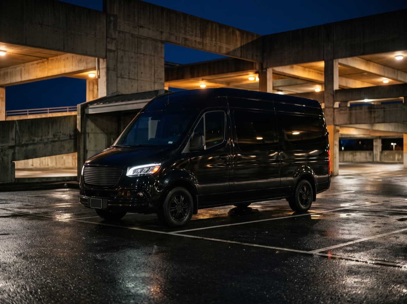 A black high-roof passenger van parked in a concrete garage at night.