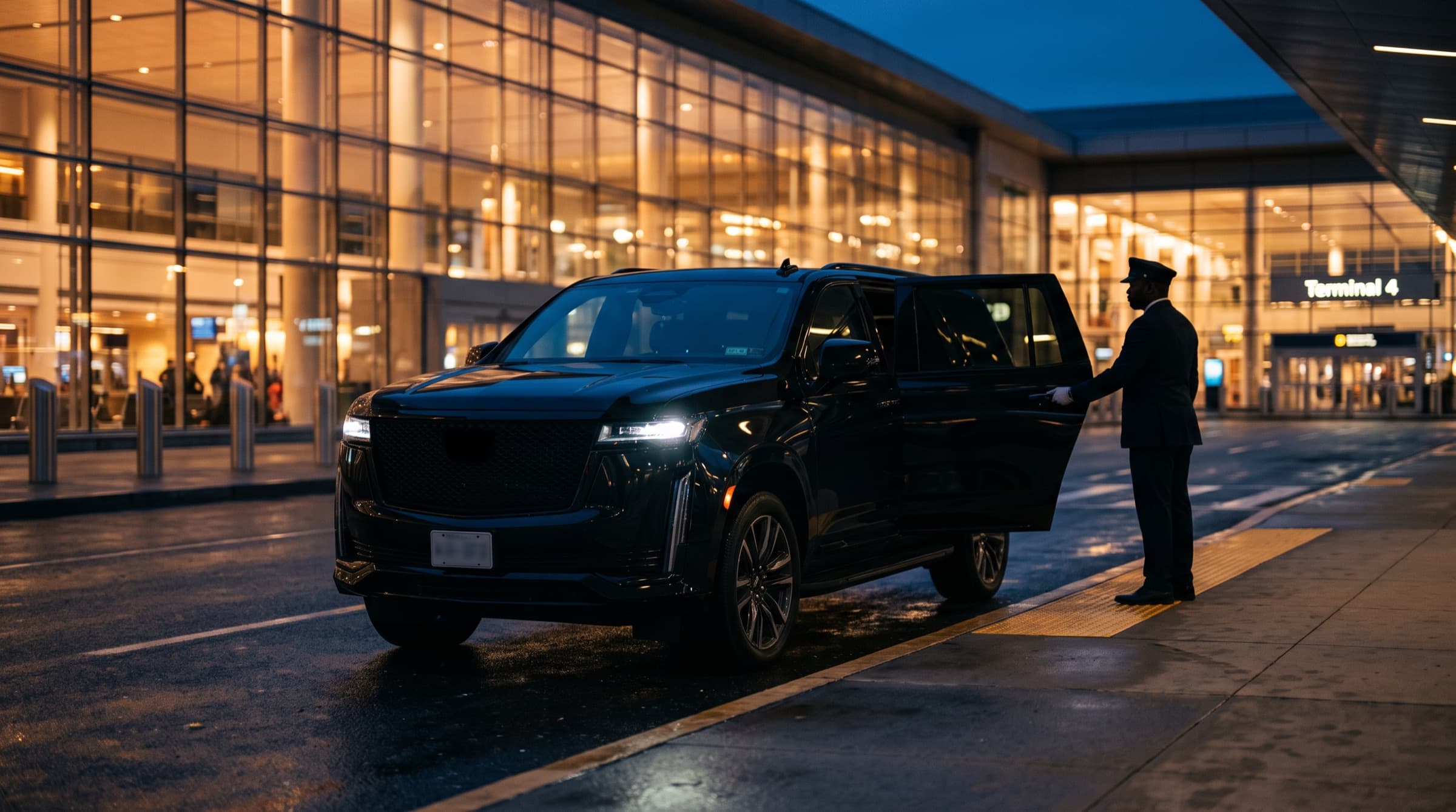 A chauffeur holding open the rear door of a black SUV at an airport terminal at dusk.